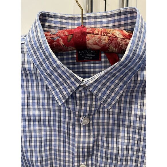 UNTUCKit Men’s Winkle Free Plaid Button Down Shirt Blue White Black - Picture 2 of 8